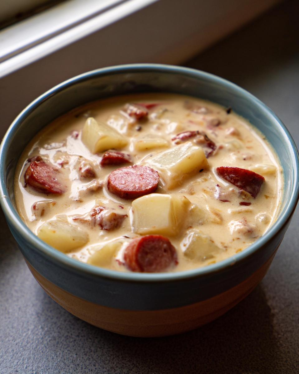 A close-up of a hearty bowl of Creamy Sausage And Potato Soup featuring chunks of potato and sliced sausage in a rich broth.