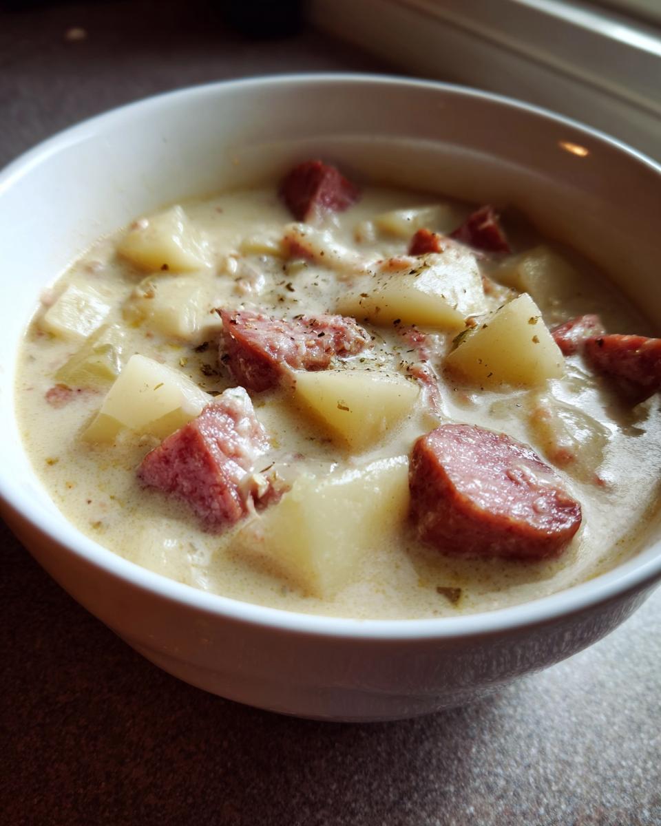 Close-up of a white bowl filled with rich Creamy Sausage And Potato Soup, featuring chunks of sausage and potato.