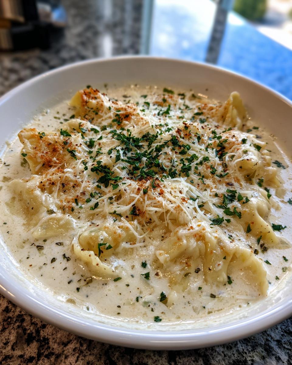 A close-up of White Lasagna Soup featuring pasta in a creamy sauce, topped with shredded Parmesan and fresh parsley.