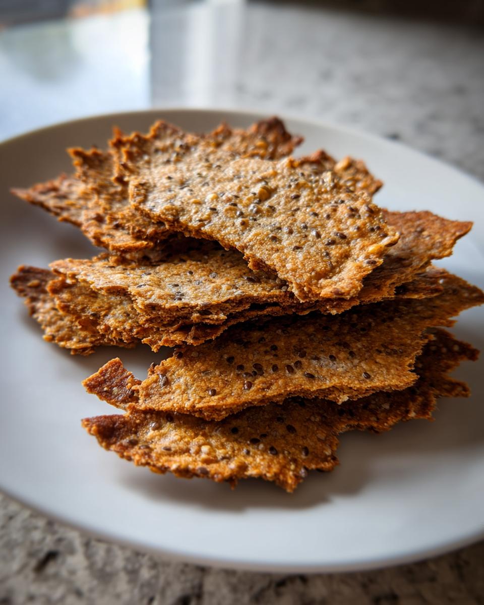 A close-up stack of golden brown, crispy Chia Flax Seed Crackers piled on a white plate.