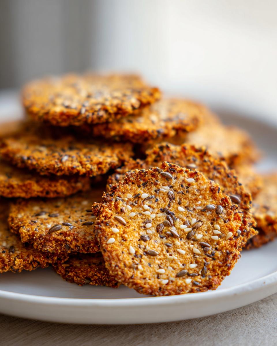 Close-up of a stack of golden brown Chickpea Seed Crackers topped with sesame and flax seeds.