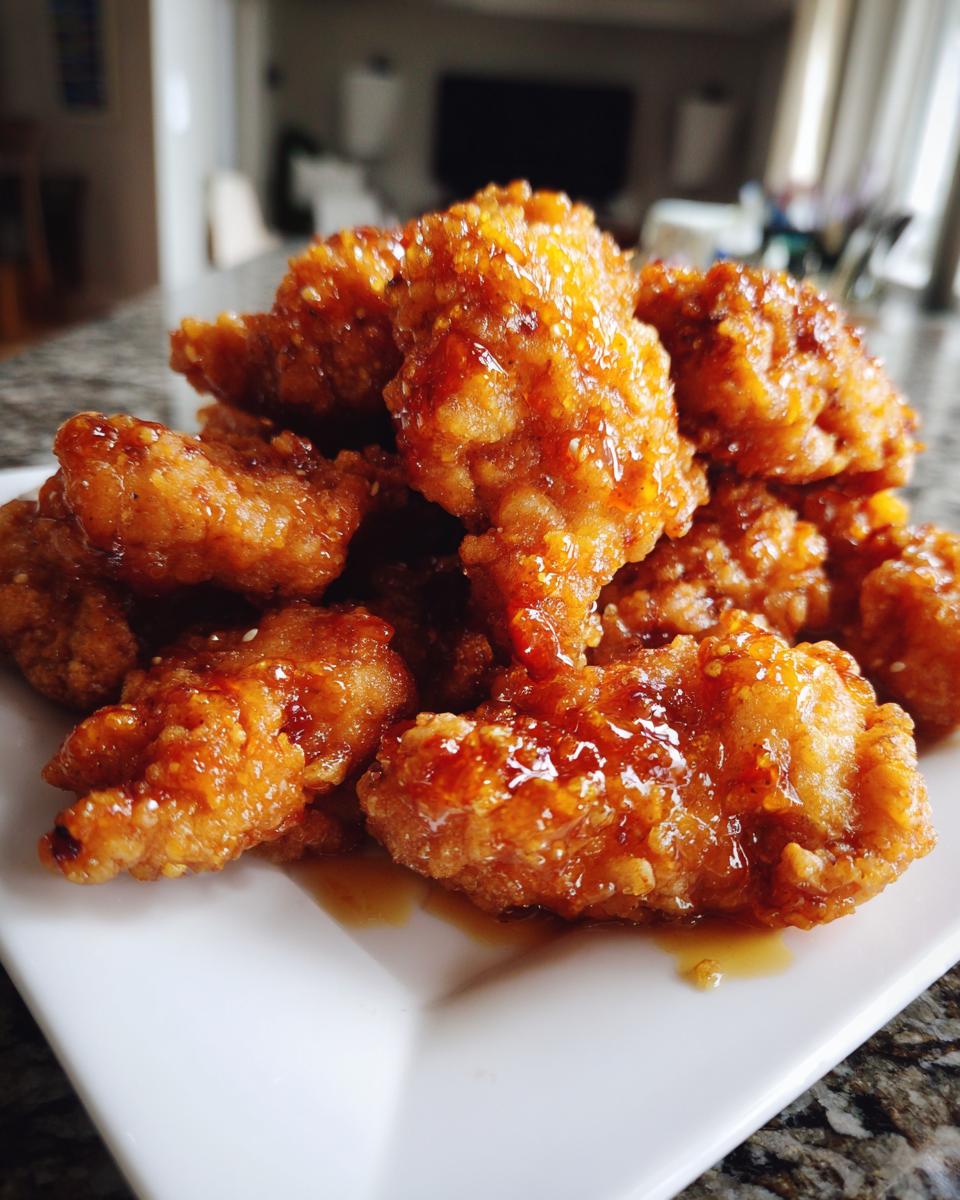 A pile of golden, crispy honey chicken pieces coated in a shiny, sticky glaze, served on a white square plate.