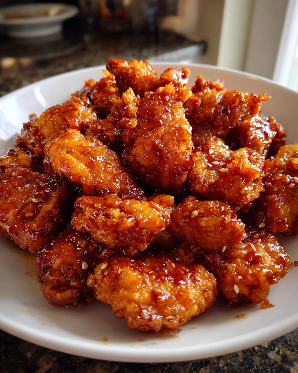 A white bowl filled with bite-sized pieces of Crispy Honey Chicken coated in a glossy, sticky sauce and sprinkled with sesame seeds.