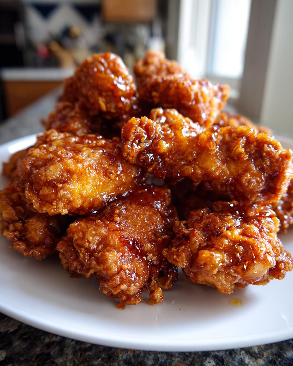 Close-up of several pieces of Crispy Honey Chicken coated in a thick, glossy honey glaze on a white plate.