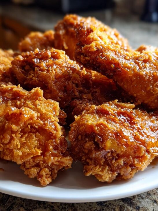 Close-up of several pieces of Crispy Honey Chicken, coated in a shiny glaze, piled on a white plate.