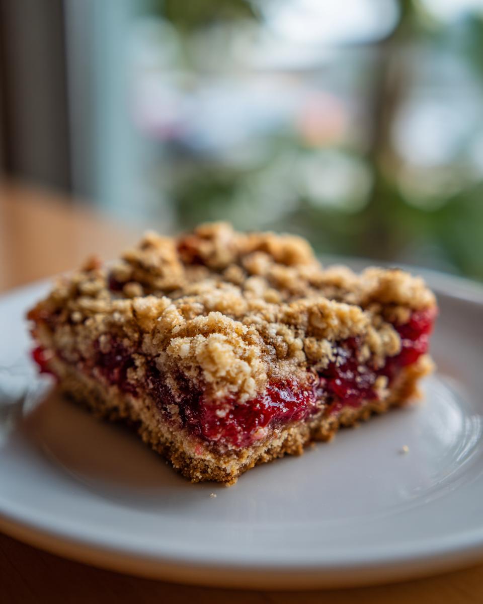 Close-up of a single square of Delicious Oatmeal Rhubarb Bars showing the thick, bright red rhubarb filling and crumbly oat topping.
