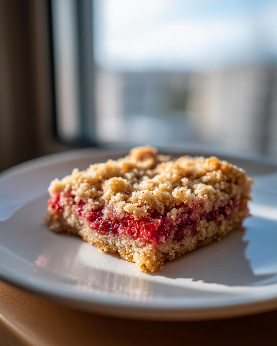 A close-up of one square of Delicious Oatmeal Rhubarb Bars with a bright pink rhubarb filling and crumbly topping.