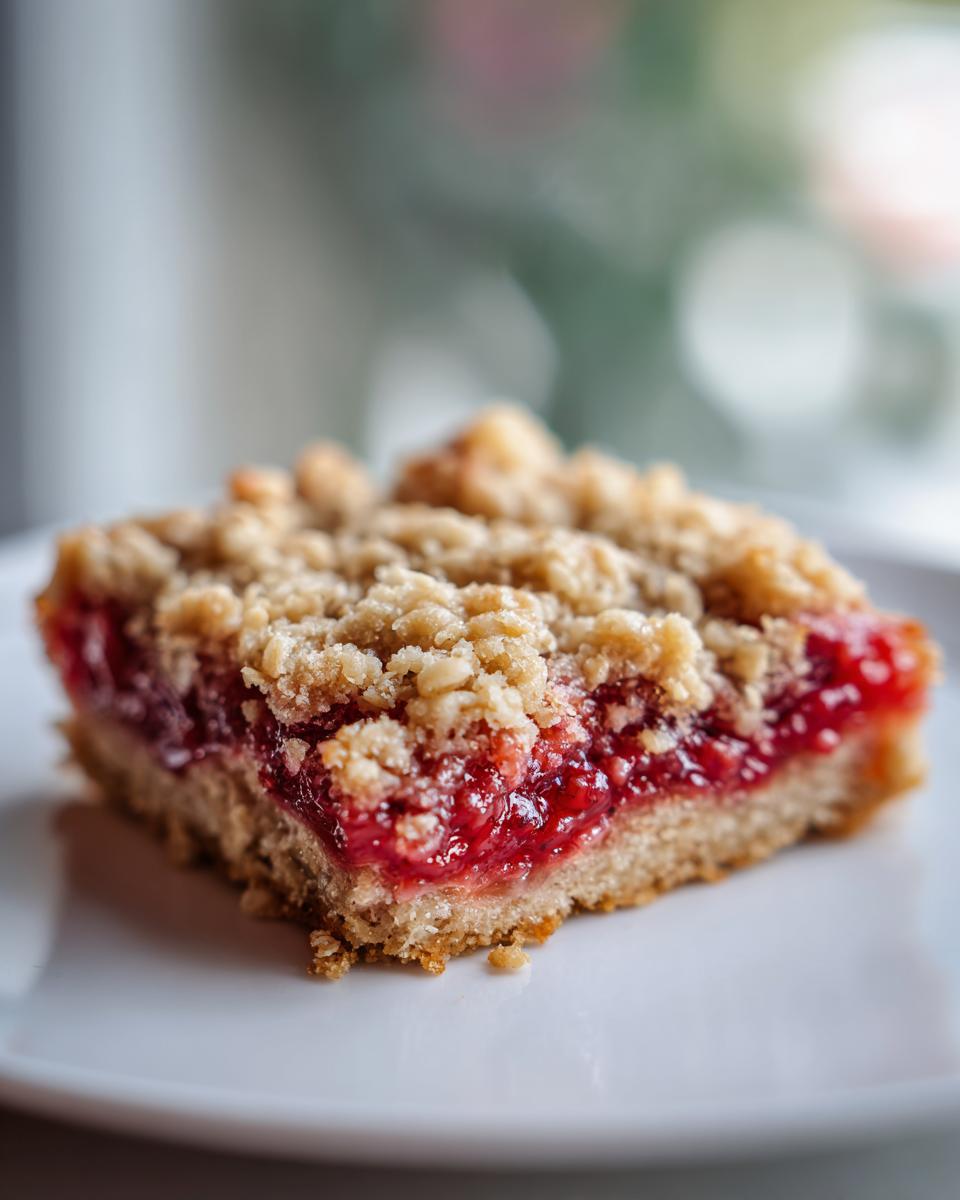 A square slice of Delicious Oatmeal Rhubarb Bars with a thick, bright red rhubarb filling and a crumbly oatmeal topping, served on a white plate.