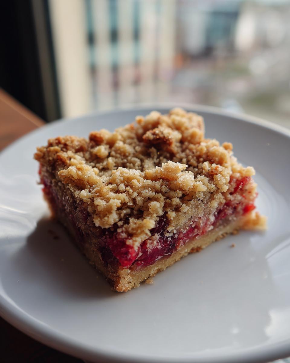 Close-up of a single square of Delicious Oatmeal Rhubarb Bars with a thick, crumbly topping.