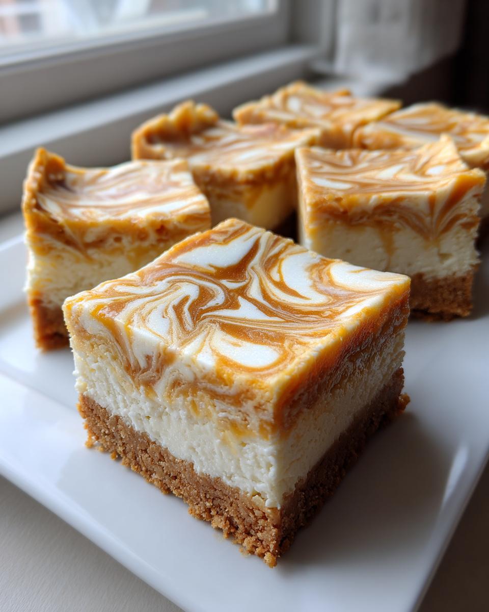 A square Dulce De Leche Cheesecake Bar with a graham cracker crust and swirled topping, sitting on a white plate.