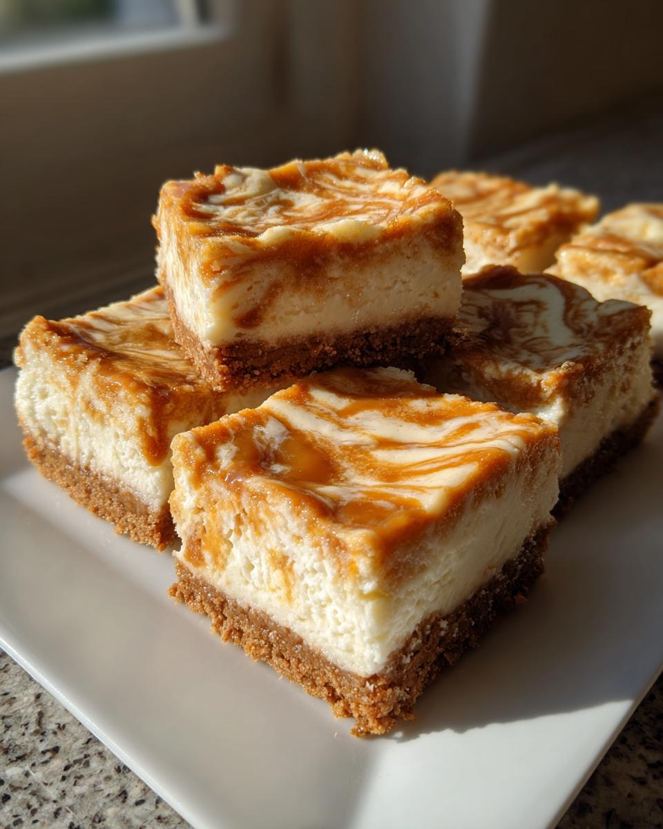 Several thick, square Dulce De Leche Cheesecake Bars with a graham cracker crust piled on a white plate.