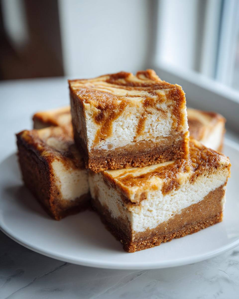 Close-up of stacked Dulce De Leche Cheesecake Bars with a graham cracker crust and swirled topping.