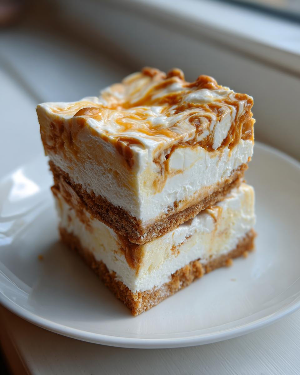 Two stacked squares of Dulce De Leche Cheesecake Bars with a graham cracker crust and swirled topping.