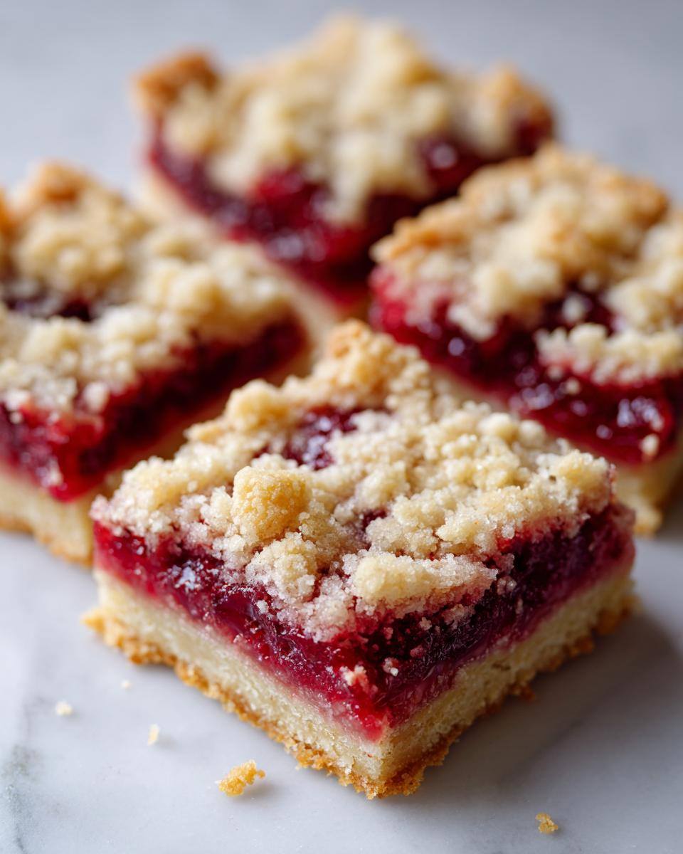 A close-up of several Easy Cherry Pie Bars featuring a thick layer of bright red cherry filling and a buttery crumble topping.