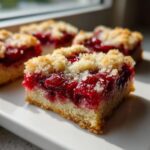 A close-up of a square of Easy Cherry Pie Bars showing the thick cherry filling and buttery crumb topping.