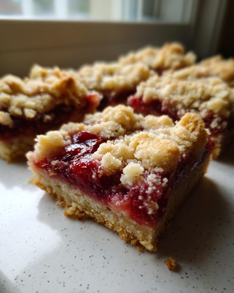 A close-up of a square piece of Easy Cherry Pie Bars showing the shortbread crust, bright red cherry filling, and crumb topping.