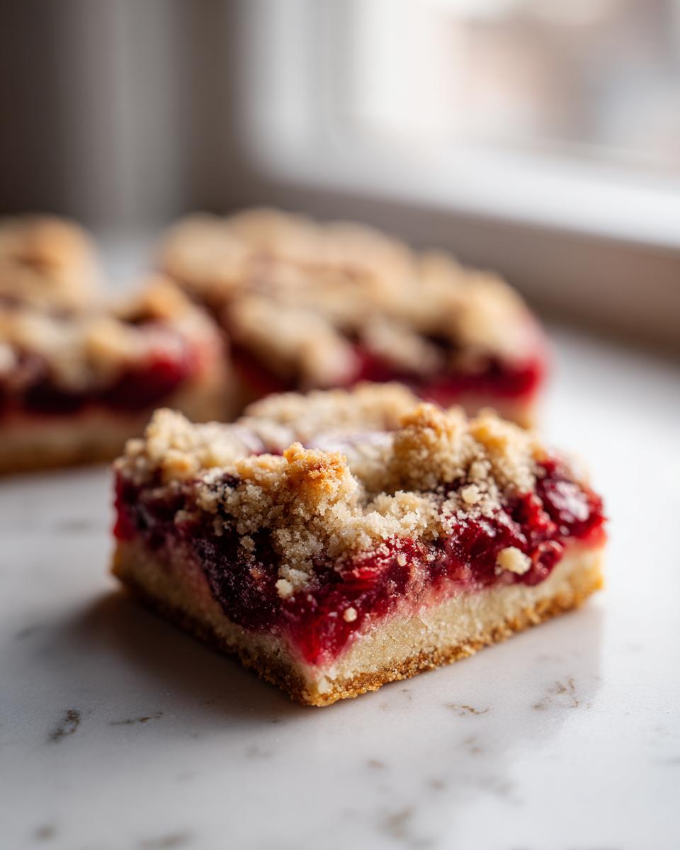A close-up of a square Easy Cherry Pie Bars slice showing a thick cherry filling and crumbly topping on a white marble surface.