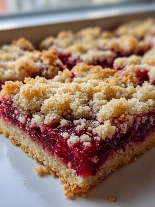 Close-up of freshly cut Easy Cherry Pie Bars showing a thick, bright red cherry layer and a crumbly streusel topping.
