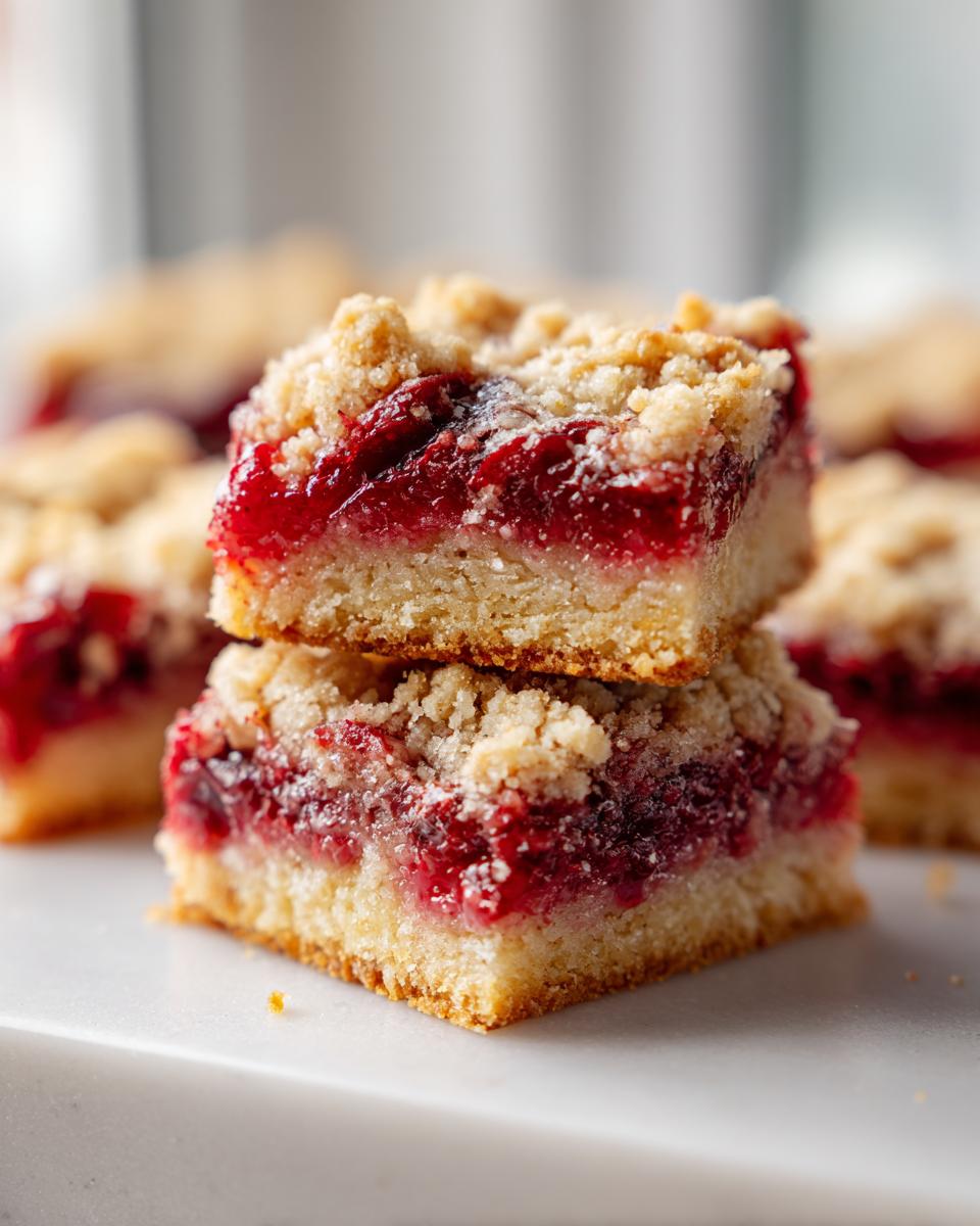 Two stacked squares of Easy Cherry Pie Bars showing a buttery crust, bright red cherry filling, and crumbly topping.