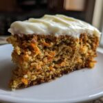 Close-up of a slice of Easy Flourless Oatmeal Carrot Cake topped with thick cream cheese frosting.
