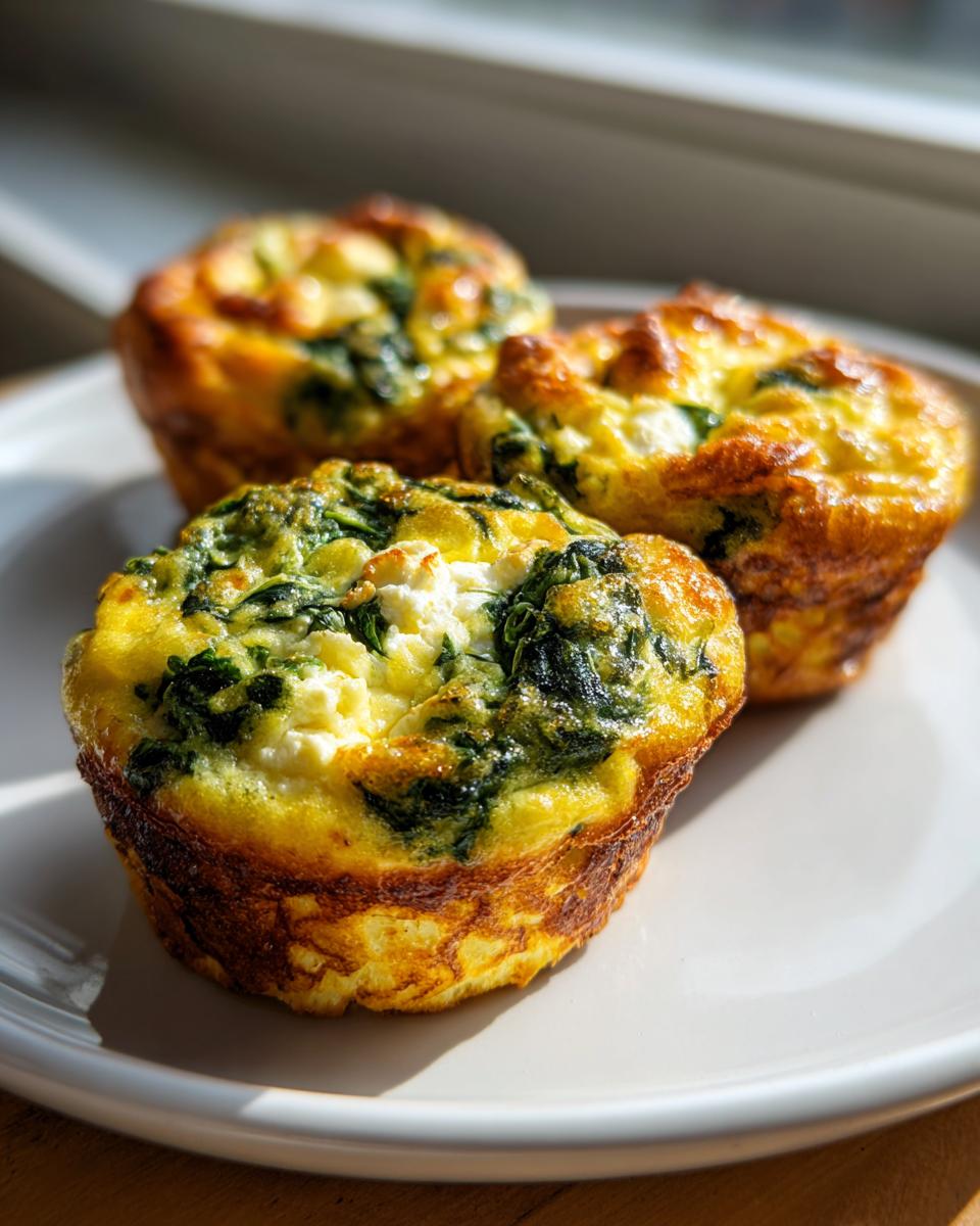 Three golden-brown Egg Muffins With Spinach And Feta resting on a light-colored plate, illuminated by sunlight.