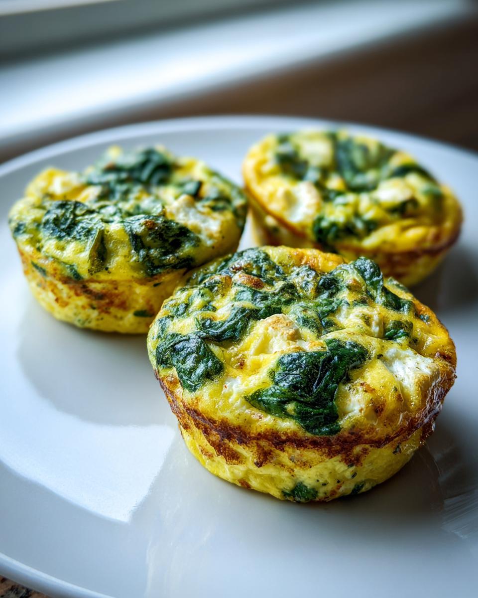 Close-up of three freshly baked Egg Muffins With Spinach And Feta resting on a white plate.