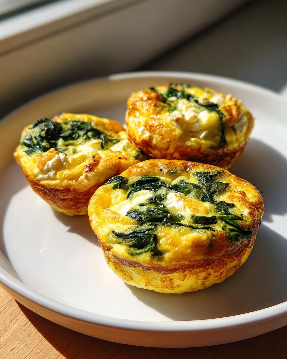 Three golden-brown Egg Muffins With Spinach And Feta served on a white plate in bright sunlight.