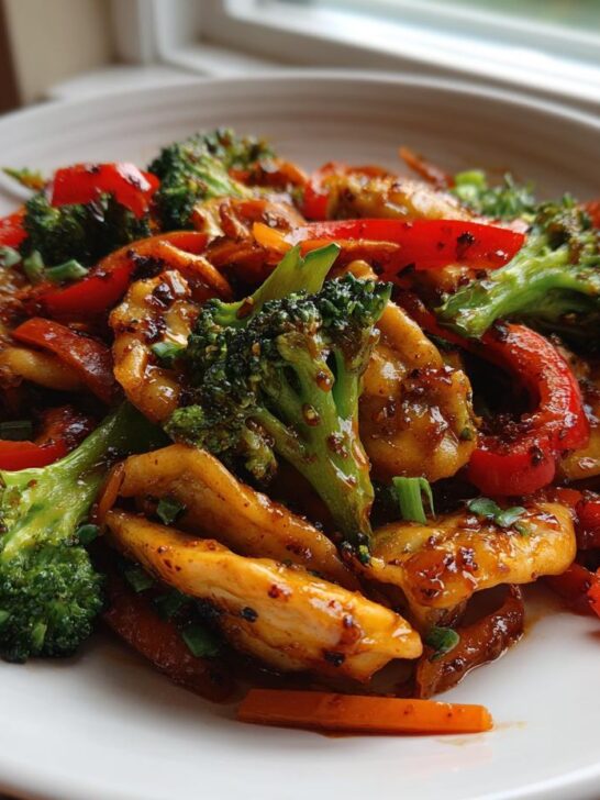 A close-up of a vibrant Potsticker Stir Fry featuring golden potstickers, bright green broccoli, and red bell peppers coated in a glossy sauce.