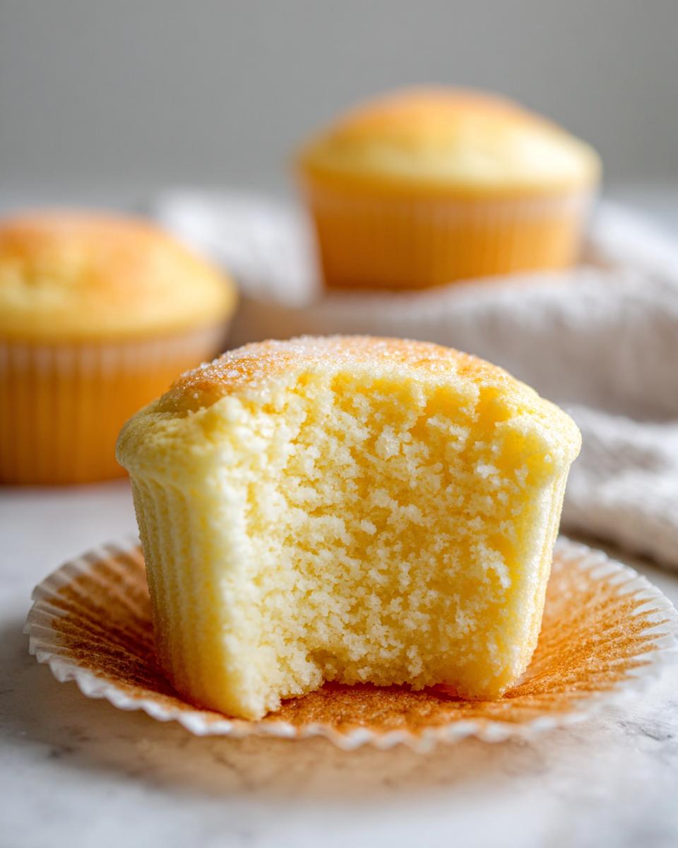 Close-up of a Fluffy Japanese Cotton Cheesecake Cupcake with a bite taken out, showing its airy, moist texture.
