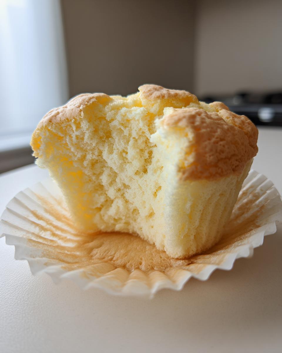 Close-up of a Fluffy Japanese Cotton Cheesecake Cupcake with a bite taken out, showing its airy texture.