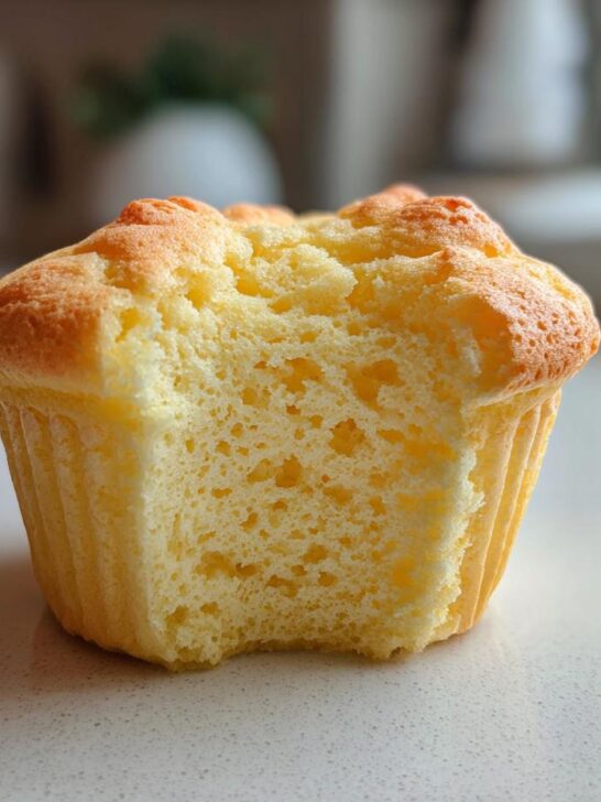 Close-up of a Fluffy Japanese Cotton Cheesecake Cupcake with a bite taken out, showing its airy, light texture.