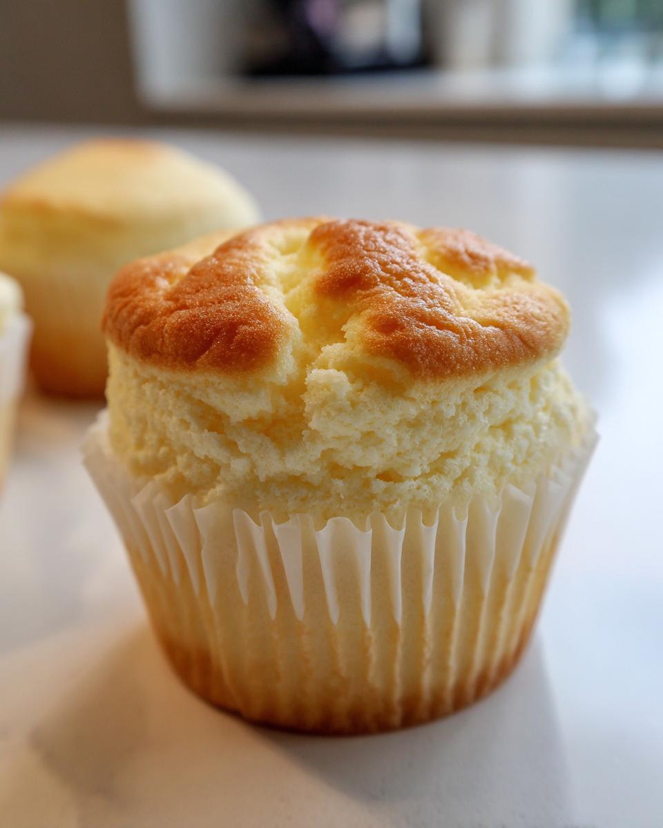 A close-up of a single, perfectly baked Fluffy Japanese Cotton Cheesecake Cupcakes with a golden top in a white liner.
