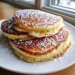 A stack of three fluffy Lemon Ricotta Pancakes dusted generously with powdered sugar.