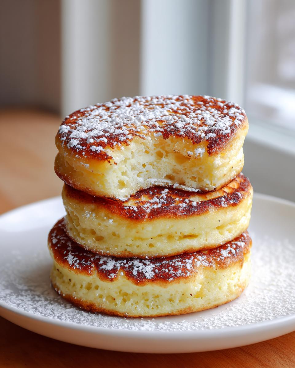 A close-up of three thick, fluffy Lemon Ricotta Pancakes stacked on a white plate, dusted heavily with powdered sugar.