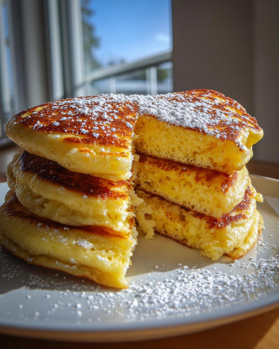 A tall stack of fluffy Lemon Ricotta Pancakes, cut to show the airy interior, dusted heavily with powdered sugar.