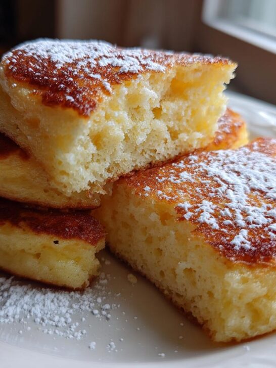 Close-up of fluffy Lemon Ricotta Pancakes stacked on a white plate, dusted generously with powdered sugar.