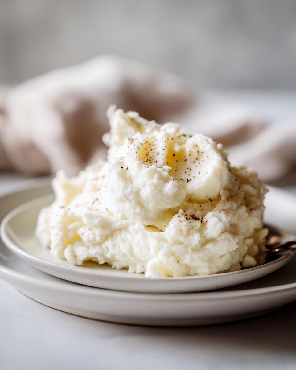 A scoop of fluffy Mashed Cauliflower With Sour Cream topped with cracked black pepper on a small white plate.