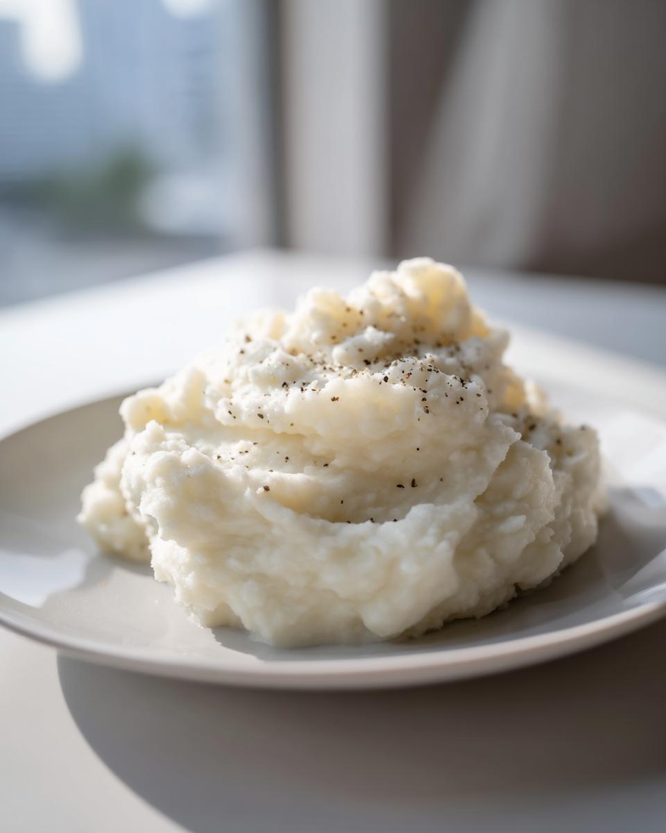 A fluffy mound of Mashed Cauliflower With Sour Cream topped with cracked black pepper on a white plate.