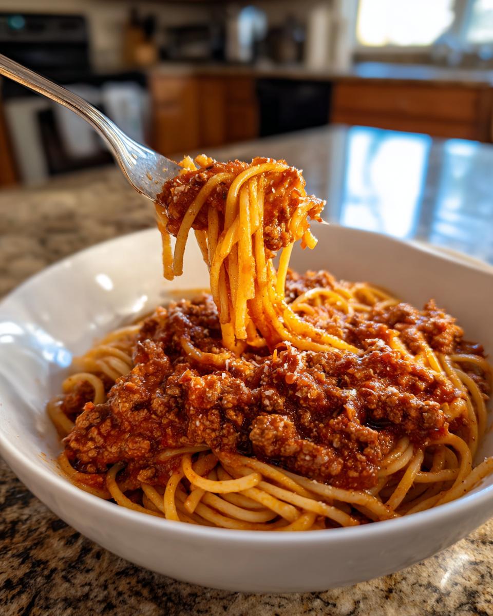 A fork lifting spaghetti noodles coated in rich Instant Pot Bolognese Sauce from a white bowl.