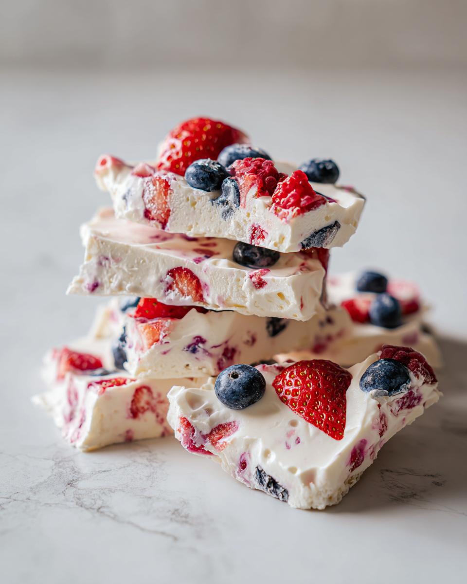 Close-up of stacked pieces of Frozen Yogurt Bark With Berries on a white marble surface.