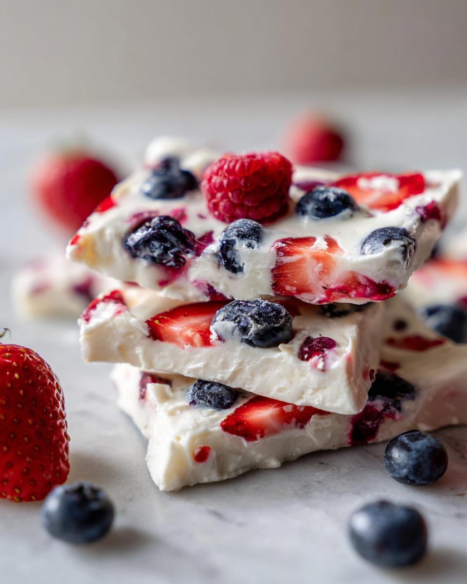 Three stacked pieces of Frozen Yogurt Bark With Berries, featuring strawberries, blueberries, and a raspberry.