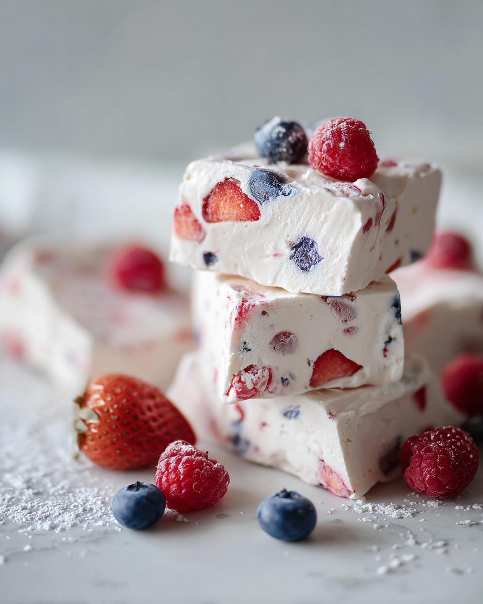 Three stacked squares of Frozen Yogurt Bark With Berries, garnished with fresh raspberries and blueberries.