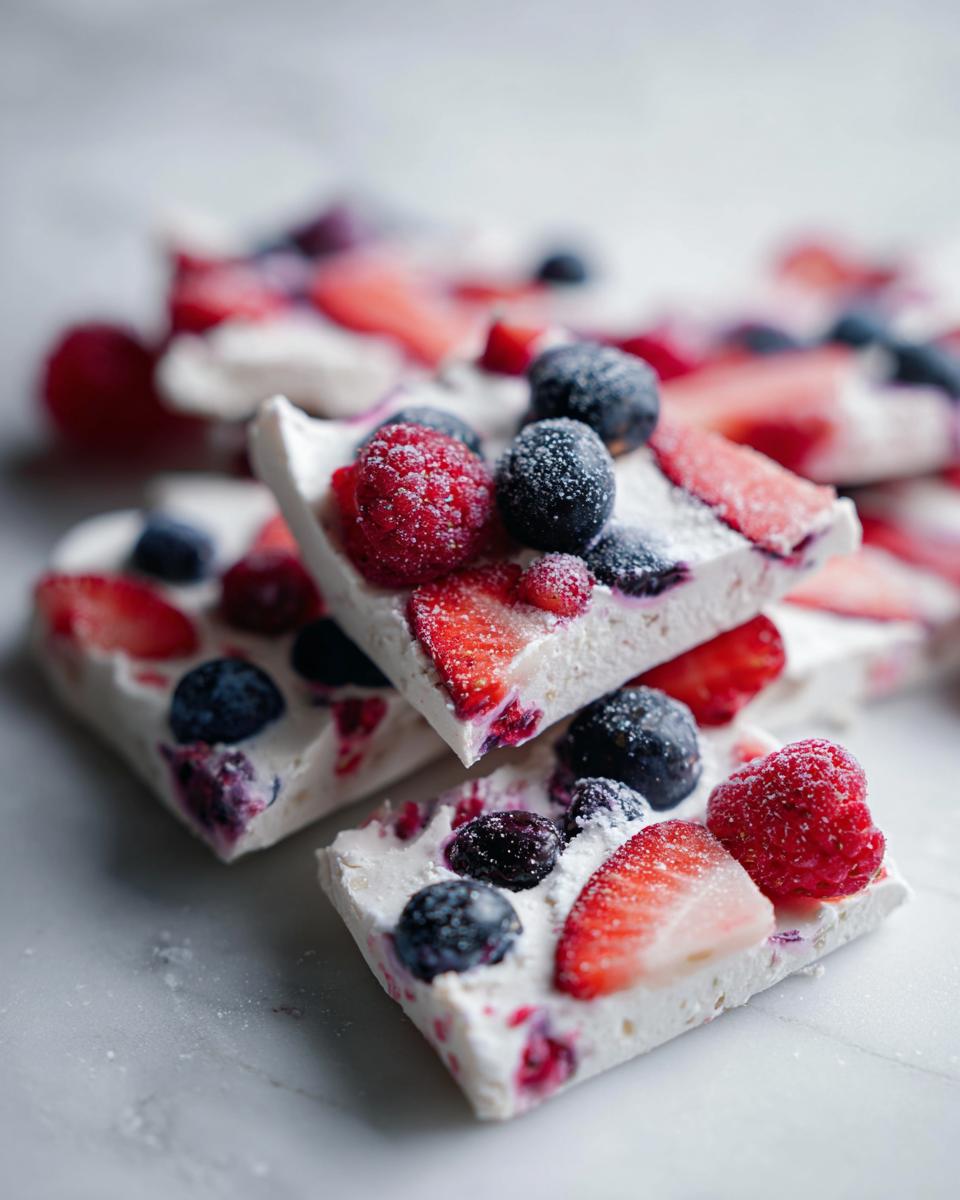 Close-up of stacked squares of Frozen Yogurt Bark With Berries, topped with frozen strawberries, blueberries, and raspberries.