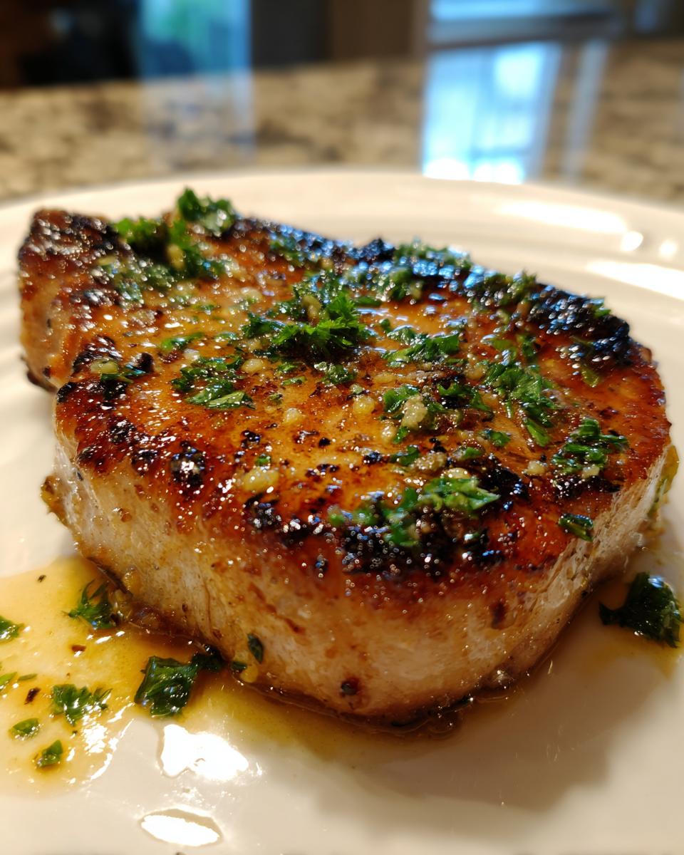 A close-up of a juicy, perfectly seared pork chop topped with glistening garlic butter and fresh parsley.