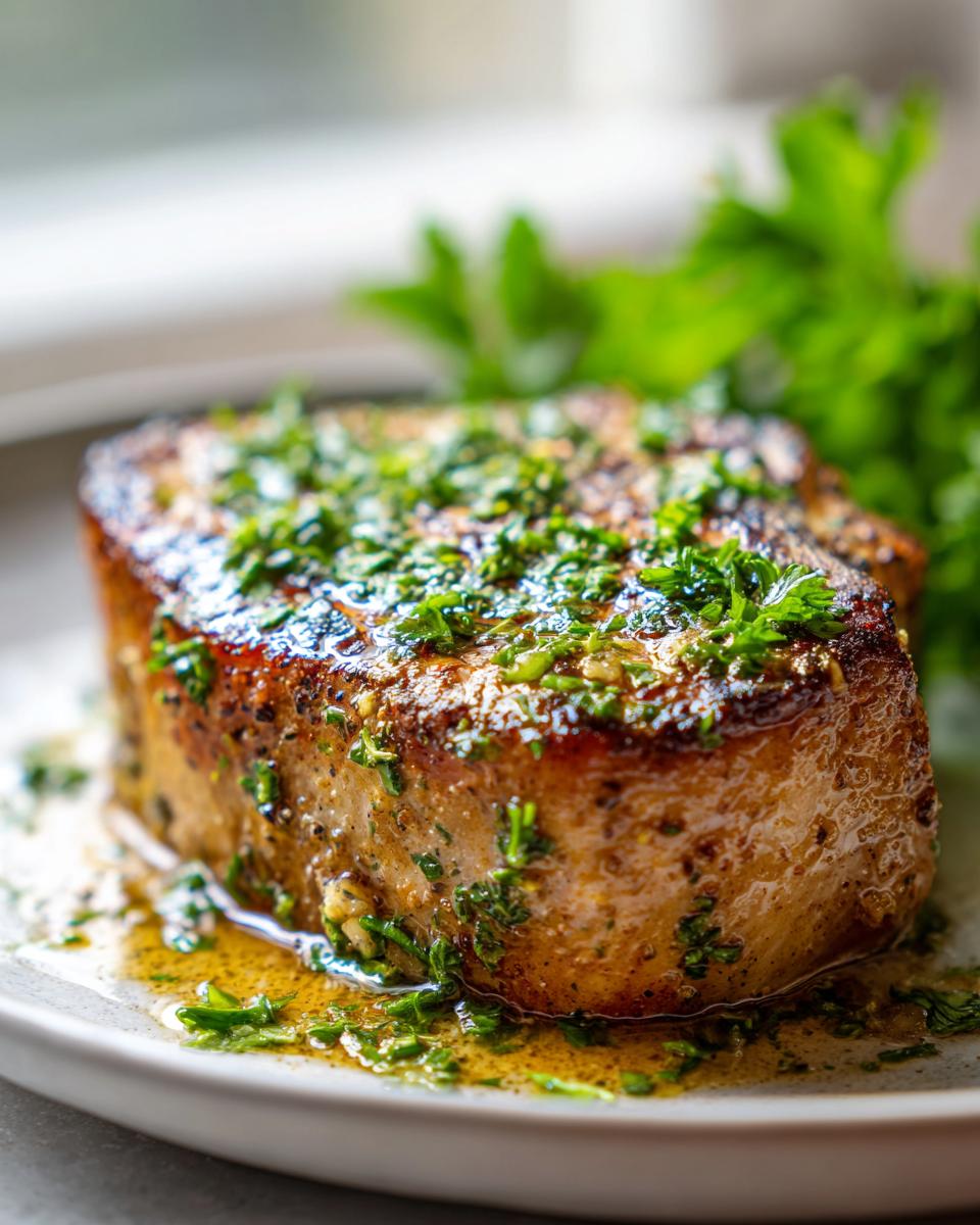 Close-up of a thick, juicy Garlic Butter Pan Seared Pork Chop covered in melted butter sauce and fresh parsley.