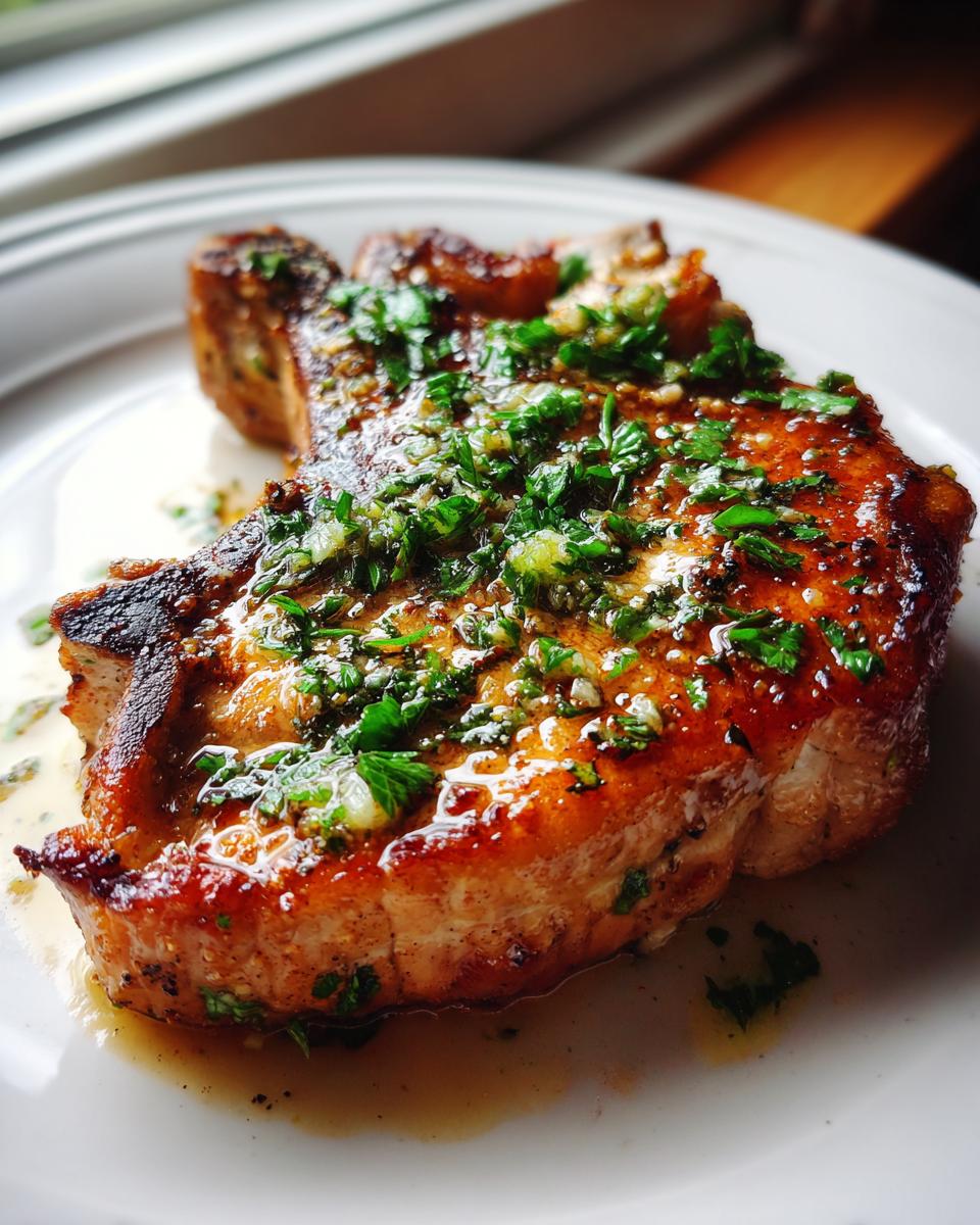 A perfectly cooked, thick pork chop covered in glistening garlic butter sauce and fresh parsley.