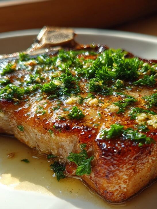 A beautifully browned, thick-cut pork chop topped with glistening garlic butter sauce and fresh parsley, ready to eat.