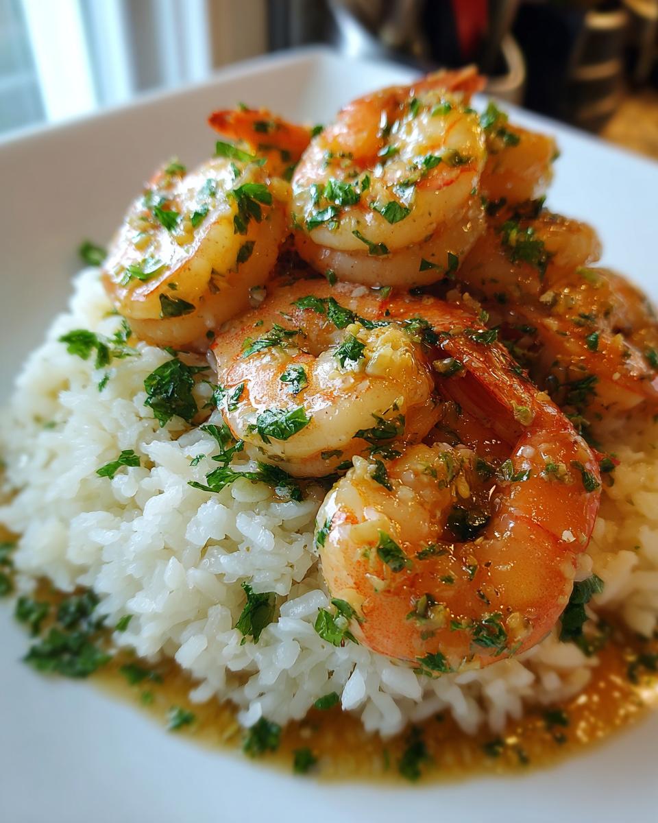 Close-up of plump, glistening Garlic Butter Shrimp And Rice topped with fresh parsley.