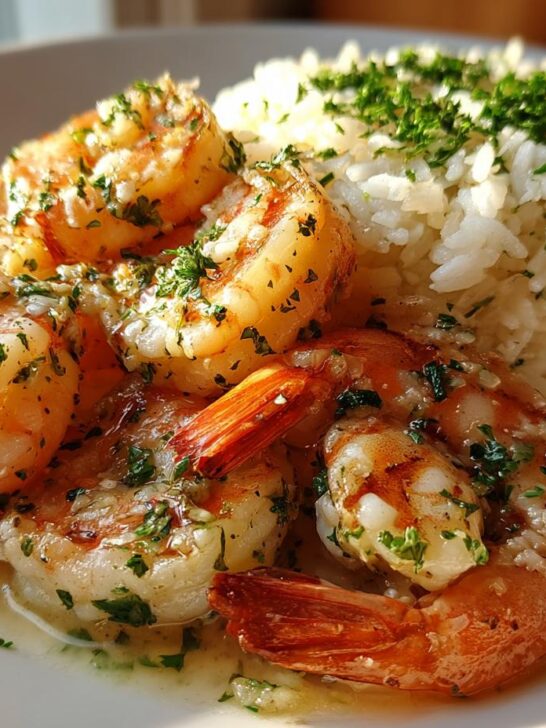 Close-up of perfectly cooked Garlic Butter Shrimp And Rice, glistening in butter sauce and topped with parsley.