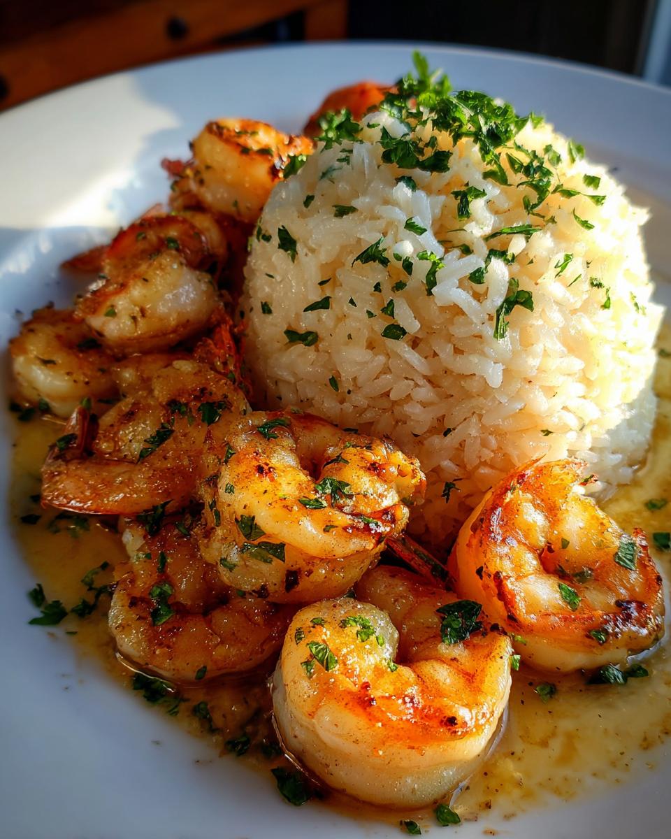 Close-up of juicy Garlic Butter Shrimp And Rice served on a white plate, glistening in butter sauce and topped with parsley.